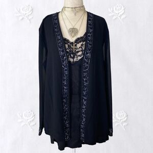 R&M Richards Whimsygoth Beaded Open Front Black Mesh Cardigan 14 / L